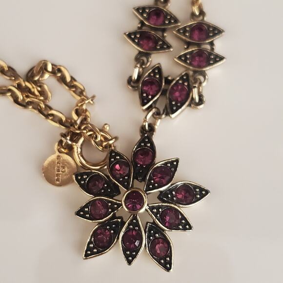 Caroline Necklace Gold Tone Purple Rhinestones in Black Art Deco Style Signed - Picture 8 of 9